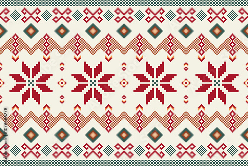 Pixel seamless pattern of a traditional Scandinavian Christmas pattern featuring red snowflakes on a white background.