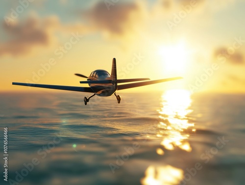 Airplane descends gracefully over ocean as the sun sets on the coastal horizon creating a stunning visual experience photo