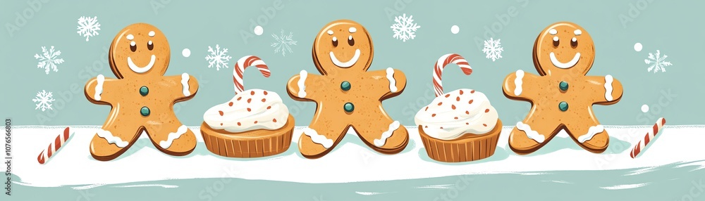 Fototapeta premium Gingerbread men and holiday cookies, festive dessert table, flat design illustration