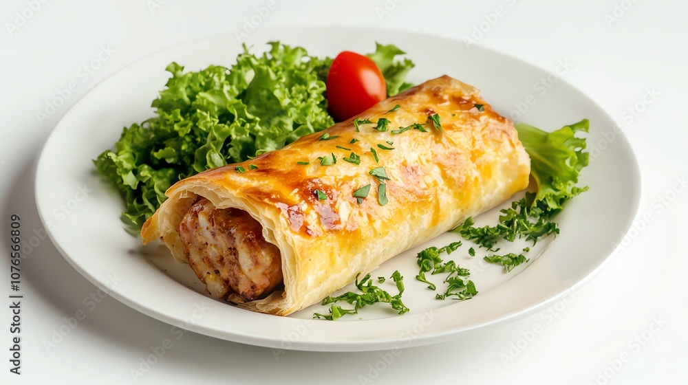 A golden puff pastry with a side salad on a white plate. A golden puff pastry with a side salad on a white plate.