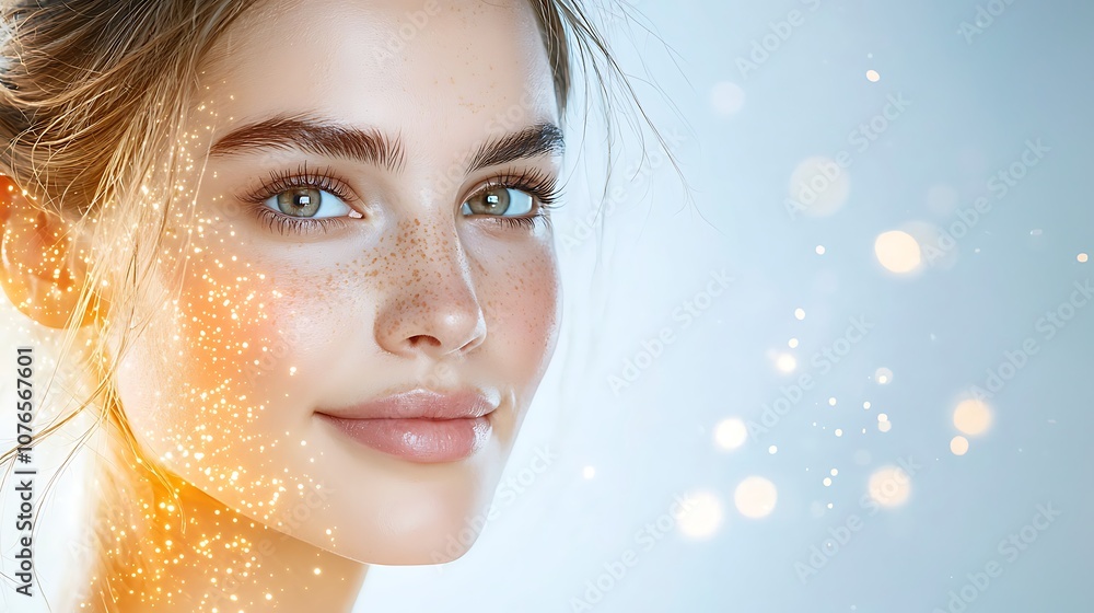 The womans radiant skin is illuminated by a soft, warm orange light, creating a serene and ethereal vibe as she gazes calmly into the distance The womans radiant skin is illuminated by a soft, warm orange light, creating a serene and ethereal vibe as she gazes calmly into the distance