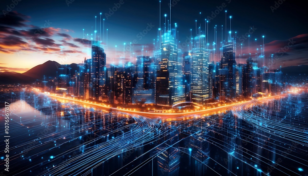 A futuristic cityscape of glowing lines and points suggests a digital metropolis, illuminated by orange and blue light A futuristic cityscape of glowing lines and points suggests a digital metropolis, illuminated by orange and blue light