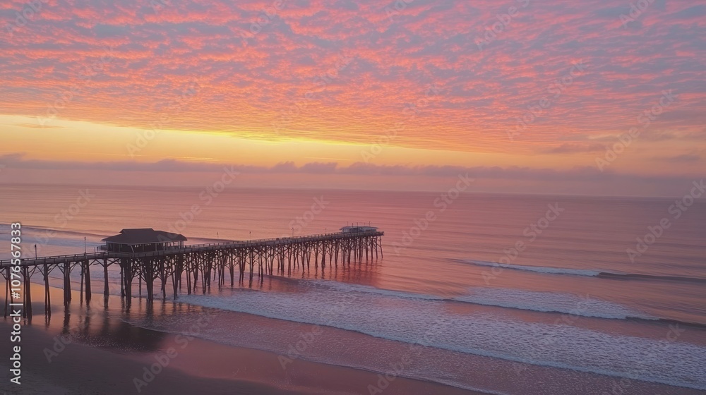 Fototapeta premium A serene sunset over a pier, reflecting vibrant colors on calm waters.