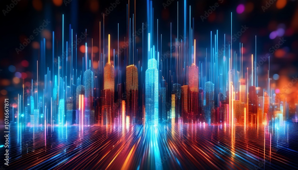 A futuristic cityscape of glowing vertical lines evokes a sense of digital data and technology, resembling a vibrant skyline A futuristic cityscape of glowing vertical lines evokes a sense of digital data and technology, resembling a vibrant skyline