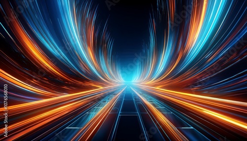 A futuristic tunnel of blue and orange light streaks converges in the distance, suggesting a digital data flow.