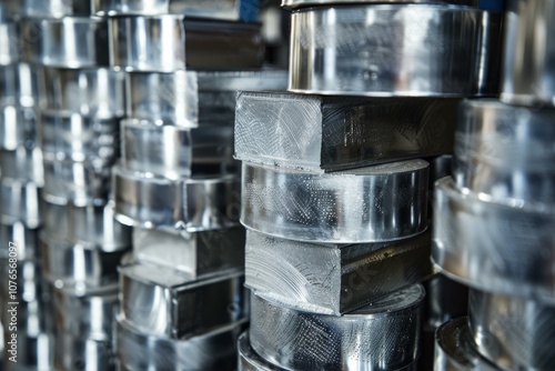 Rows of steel billets and metal blanks are stacked and awaiting further processing in a metalworking plant photo