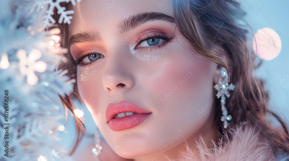 Portrait of a beautiful woman in winter makeup, with snowflake earrings, on a winter decoration background. Beauty background with snow and ice. Christmas and winter cosmetics and shopping concept. Portrait of a beautiful woman in winter makeup, with snowflake earrings, on a winter decoration background. Beauty background with snow and ice. Christmas and winter cosmetics and shopping concept.