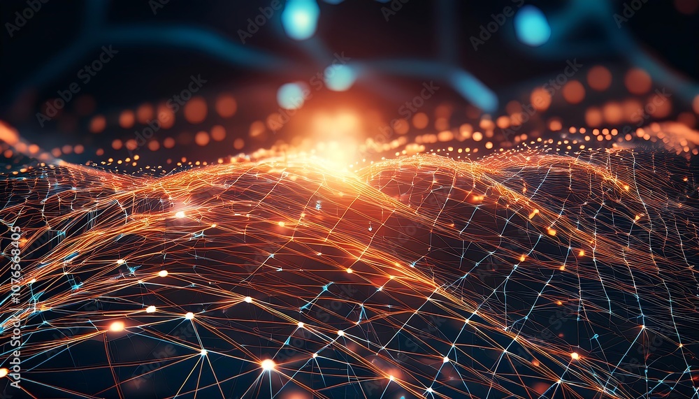 A network of glowing lines and dots stretches across a dark blurred background, glowing in orange A network of glowing lines and dots stretches across a dark blurred background, glowing in orange