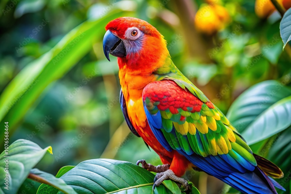 Obraz premium Vibrant Closeup of a Parrot Perched on a Tree Branch Surrounded by Lush Greenery in Natural Habitat, Showcasing Colorful Feathers and Intricate Details of Its Unique Plumage