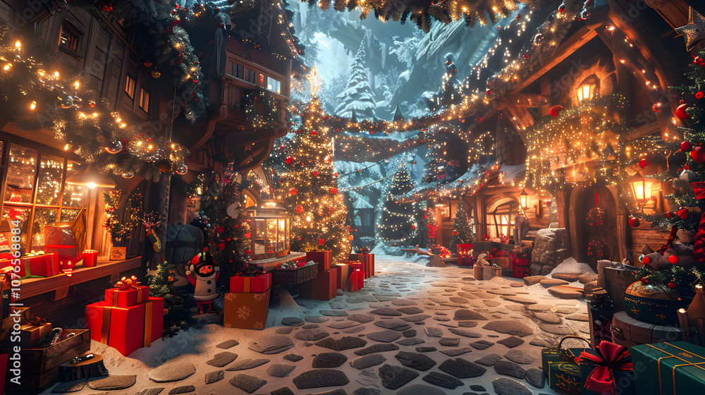 Obraz premium Inside Santa's North Pole workshop, merry elves craft gifts for the grand Christmas night, spreading joy worldwide
