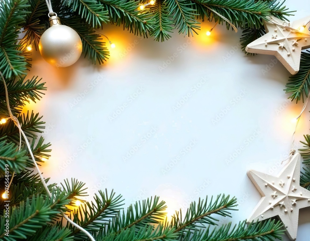 A festive Christmas blank frame with pine branches, ornaments, and string lights on a white background A festive Christmas blank frame with pine branches, ornaments, and string lights on a white background