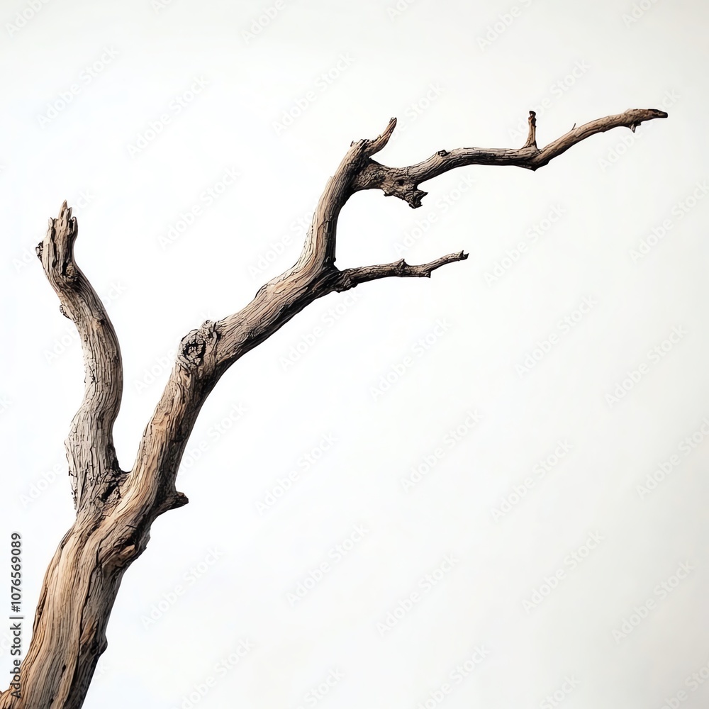 A simple dry tree branch, preserved and displayed on a seamless white background A simple dry tree branch, preserved and displayed on a seamless white background
