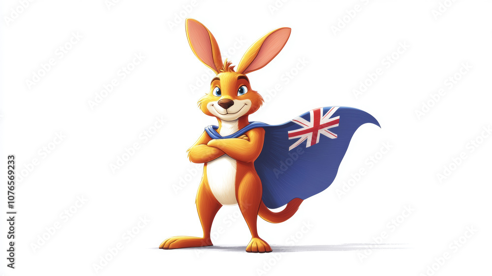 Obraz premium A playful kangaroo proudly wears a cape adorned with the Australian flag, striking a heroic pose as a cheerful symbol of national spirit