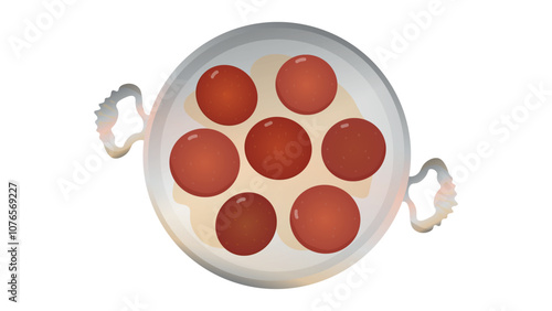 fried turkish sucuk (fried sausage). Turkish sausage fried in copper pan, top view.Turkish cuisine. 