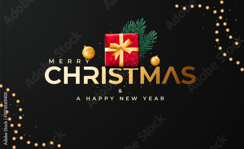 Merry Christmas and Happy New Year background. Realistic 3d Xmas design, gift boxes and gold confetti decoration light garland. Illustration design.