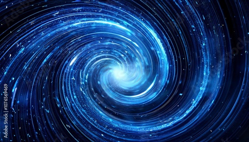 Concentric circles of glowing blue particles swirl around a dark void, creating a mesmerizing, abstract digital vortex.