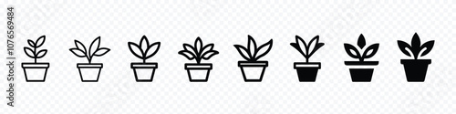 Plant in pot vector icon, potted plant icon, plant pot icon outline vector. Flowerpot with growing up young leaves black vector icon, Potted plant outline icon.