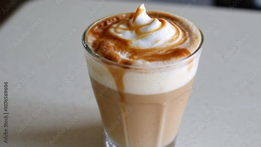 close-up of a layered drink with smooth texture and caramel drizzle on an elegant countertop, sweet drink with caramel drizzle and layered texture captured on a sophisticated countertop close-up of a layered drink with smooth texture and caramel drizzle on an elegant countertop, sweet drink with caramel drizzle and layered texture captured on a sophisticated countertop