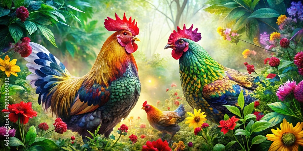 Fototapeta premium Vibrant Double Exposure Composition Featuring a Whimsical Chicken Pattern Background Blended with Nature Elements for Unique Artistic Visuals