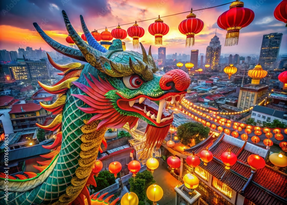 Vibrant Dragon Head for Chinese New Year Celebrations in Urban Setting Featuring Colorful Lanterns and Festive Decorations Capturing the Spirit of Tradition and Joy Vibrant Dragon Head for Chinese New Year Celebrations in Urban Setting Featuring Colorful Lanterns and Festive Decorations Capturing the Spirit of Tradition and Joy
