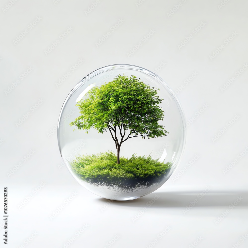 A glowing green tree encased in a pristine glass sphere, floating gently above a bright white surface A glowing green tree encased in a pristine glass sphere, floating gently above a bright white surface