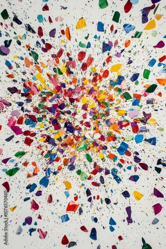 Abstract colorful paint splatters on white.