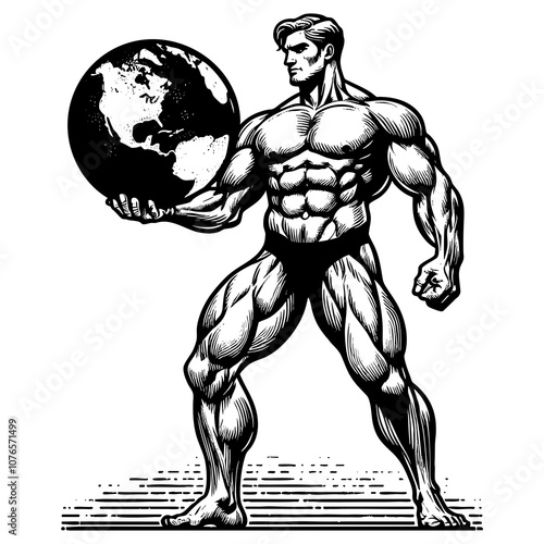 muscular man holding the Earth in one hand, symbolizing strength and responsibility sketch engraving generative ai PNG illustration. Scratch board imitation. Black and white image. photo