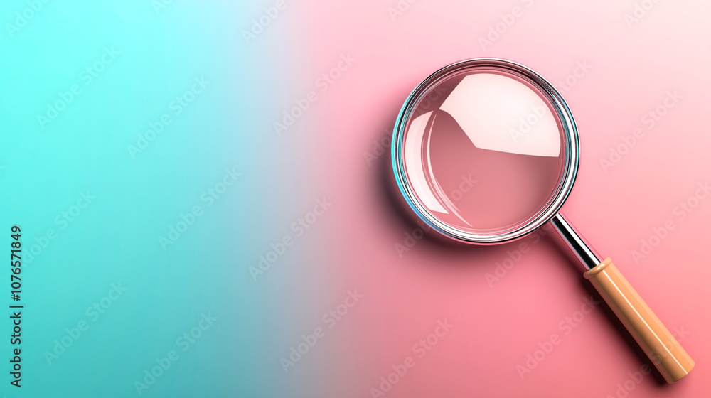 Magnifying glass with wooden handle on a pink and blue gradient background, casting a shadow Magnifying glass with wooden handle on a pink and blue gradient background, casting a shadow