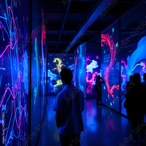 A man engages with vibrant digital displays at an immersive art exhibit in the evening photo