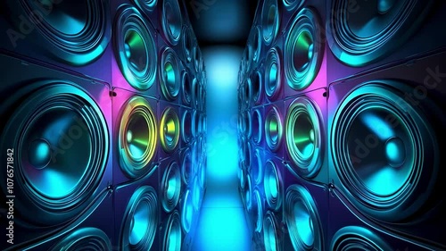 Multimedia speakers in neon lighting. Sound audio system with satellites and subwoofer. Music Background with splashy lights.