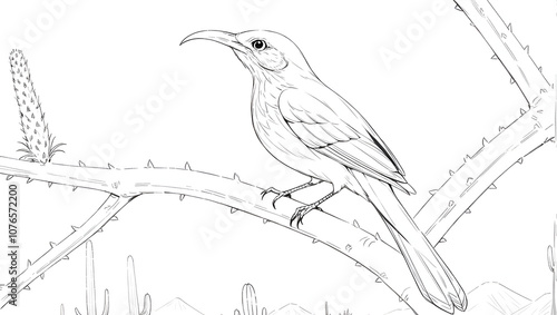 Curve billed thrasher (Toxostoma curvirostre) perching on branch of ocotillo, Saguaro National Park, Arizona, USA photo