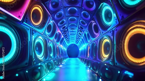 Multimedia speakers in neon lighting. Sound audio system with satellites and subwoofer. Music Background with splashy lights.