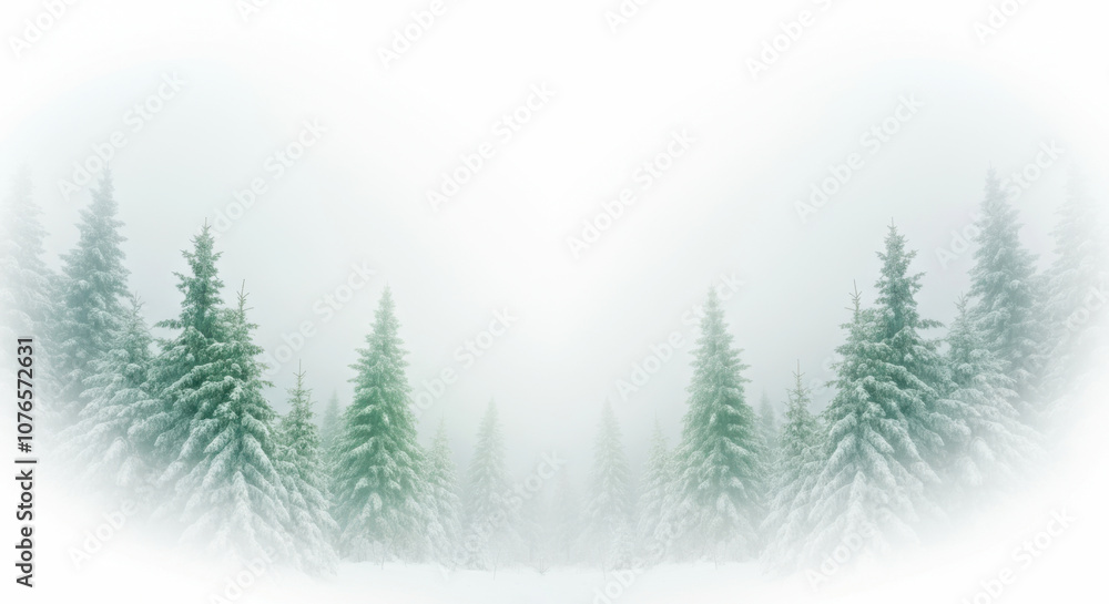 Obraz premium Misty Winter Forest with Snow-Covered Evergreen Trees