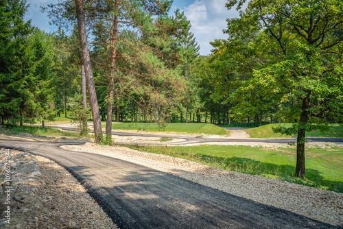 Freshly Laid Asphalt Path on Scenic Golf Course in Beautiful Nature