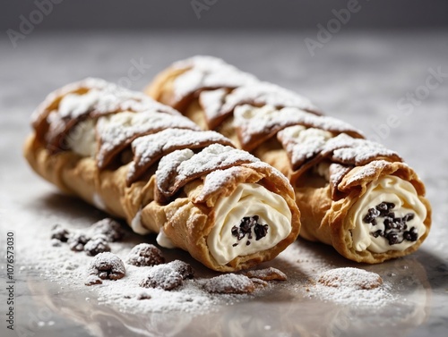 A top-down view of cannoli, each filled with ricotta cream and garnished with powdered sugar.