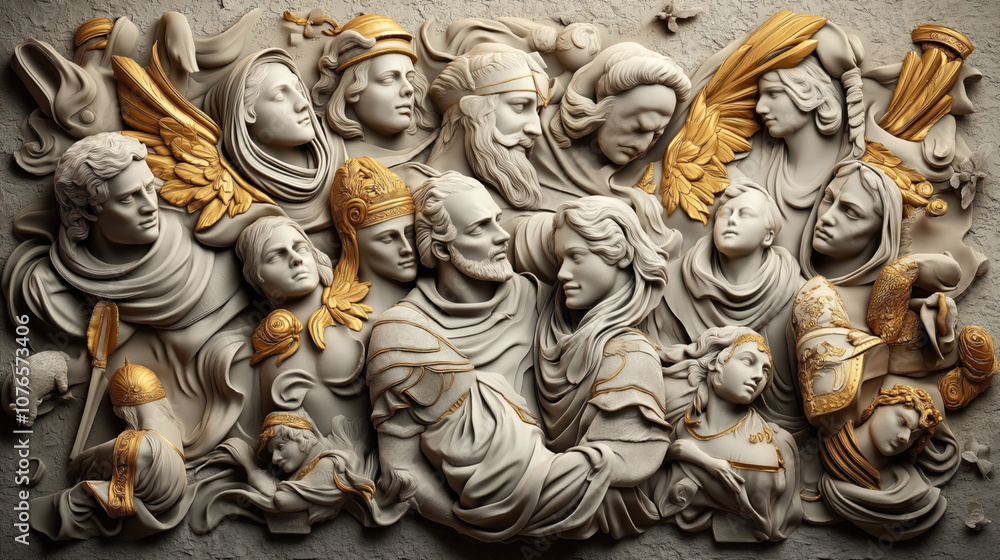 Intricate stone relief depicting a group of classical figures with gold accents, showing detailed expressions and clothing in a dramatic composition. Intricate stone relief depicting a group of classical figures with gold accents, showing detailed expressions and clothing in a dramatic composition.