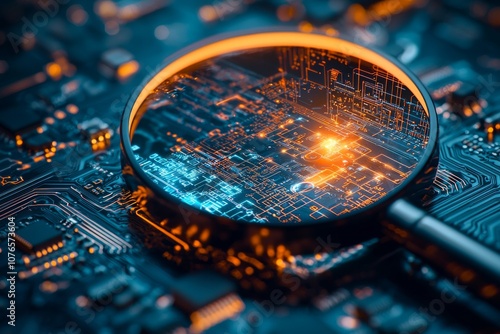 A magnifying glass over an electronic circuit board, with orange and blue lighting effects