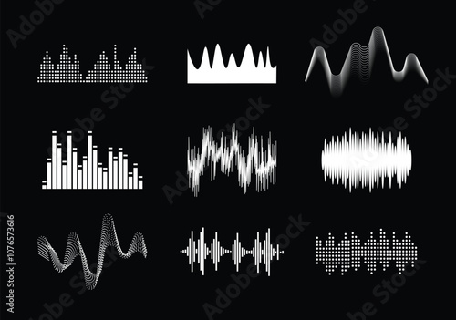 A collection of various sound waveforms presented. Vector illustration