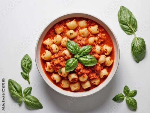 A bowl of gnocchi in a light tomato sauce, garnished with a single basil leaf.