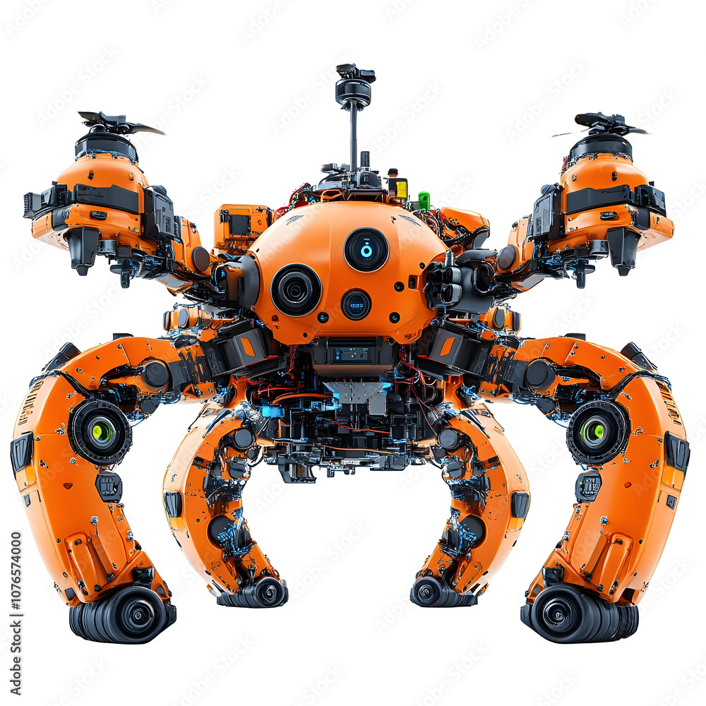 Orange futuristic drone with six legs and three propellers isolated on a transparent background. Orange futuristic drone with six legs and three propellers isolated on a transparent background.