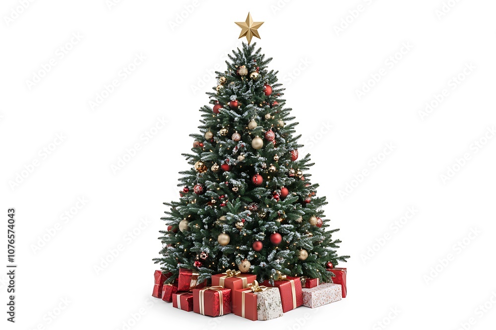 Obraz premium Colorful Christmas tree with wrapped presents, creating a cozy and festive atmosphere 