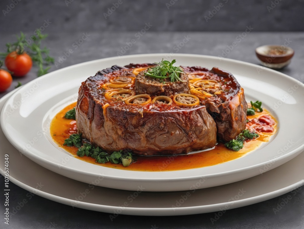 A close-up of a single, beautifully presented Ossobuco piece on a white ceramic plate. A close-up of a single, beautifully presented Ossobuco piece on a white ceramic plate.