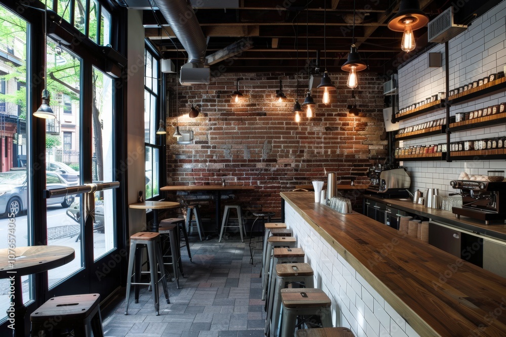 Industrial-Style Bar with Exposed Brick Wall and Rustic Wood Counter Industrial-Style Bar with Exposed Brick Wall and Rustic Wood Counter