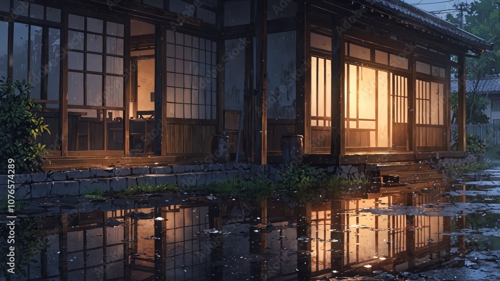 Obraz premium Traditional Japanese House in Rainy Scene