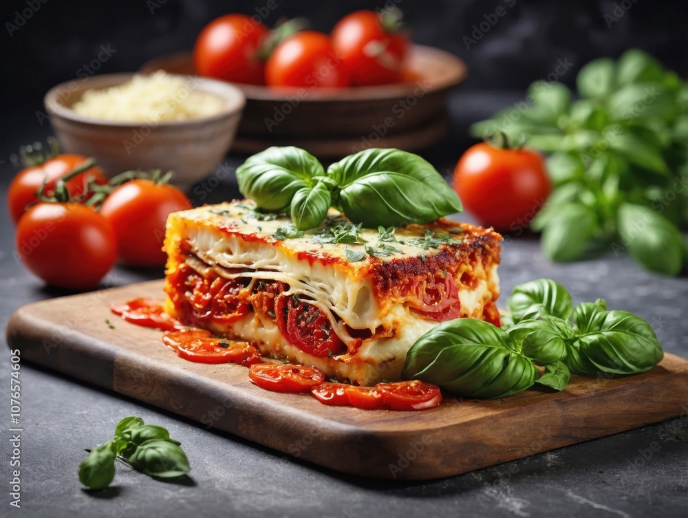 A neatly cut slice of Parmigiana di Melanzane, resting on a stone slab or wooden board. A neatly cut slice of Parmigiana di Melanzane, resting on a stone slab or wooden board.