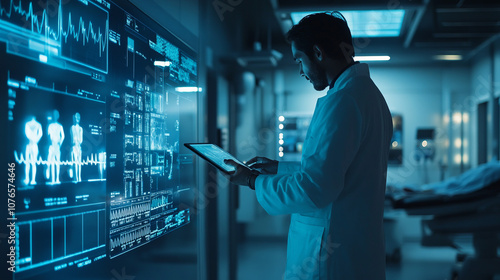The doctor analyzes the data on the tablet screen with medical images and indicators, which symbolizes modern diagnostics and the use of high technologies in healthcare.