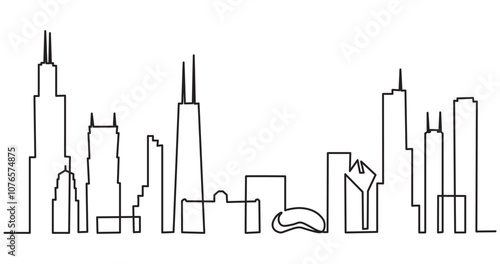 skyline line art drawing style. Cityscape of Chicago with silhouettes of most famous buildings and towers. design isolated on white background. Vector illustration.