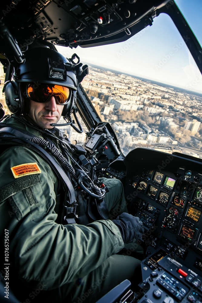 Helicopter pilot in cockpit overlooking city. Helicopter pilot in cockpit overlooking city.