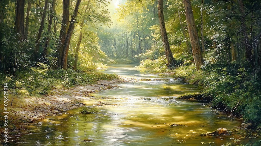 A peaceful forest with a clear river flowing gently, fish swimming in the water, surrounded by trees and lush greenery. Sunlight filtering through leaves creates dappled light on the water, highlighti A peaceful forest with a clear river flowing gently, fish swimming in the water, surrounded by trees and lush greenery. Sunlight filtering through leaves creates dappled light on the water, highlighti