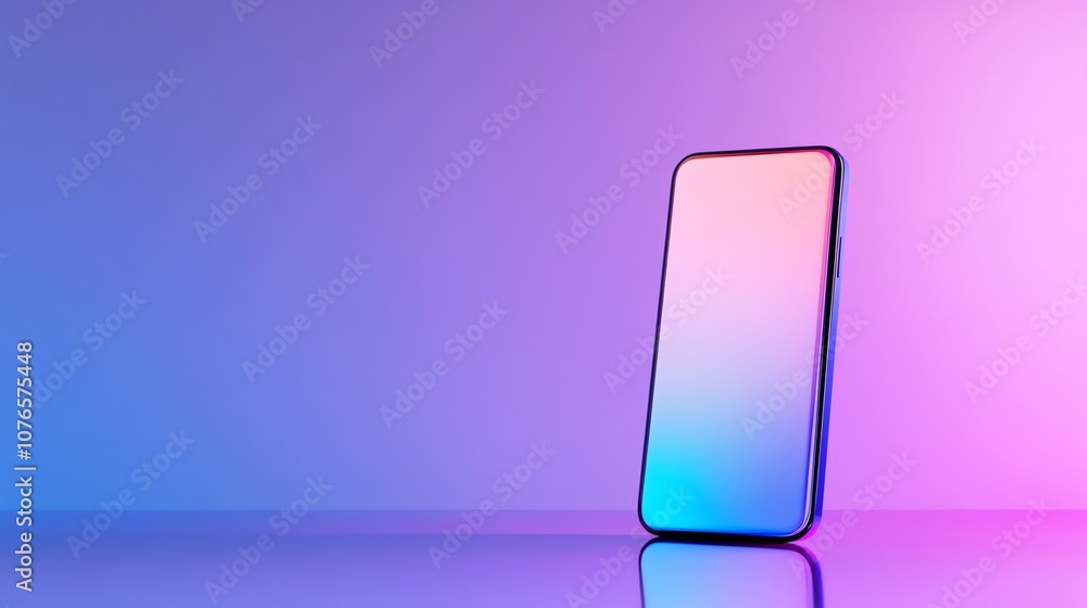 A black smartphone with a rainbow gradient screen on a pink and blue background. A black smartphone with a rainbow gradient screen on a pink and blue background.